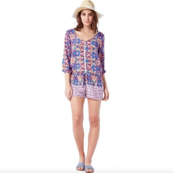 Michael Stars Talum Romper Bright Border Print Playsuit‎ Bohemian Playsuit XS - Picture 2 of 10